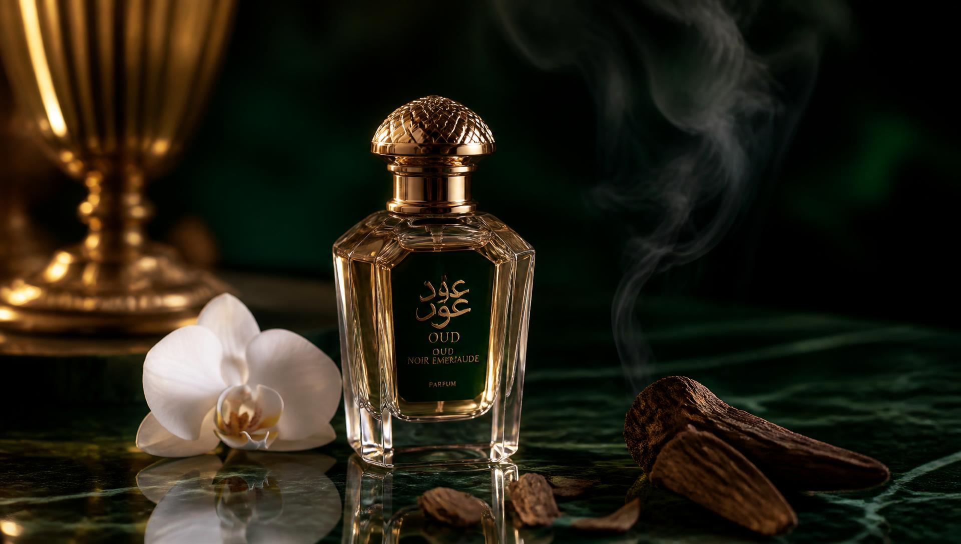 Oud perfume with precious woods and a white orchid